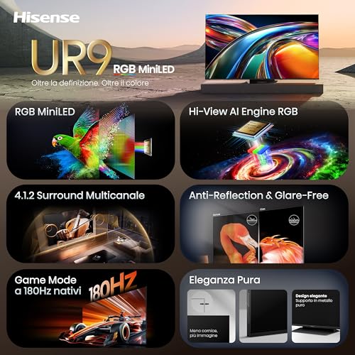 Hisense Smart TV RGB MiniLED 180Hz 85" 4K 85UR9S, Schermo Anti-Riflesso, 100% BT2020, Dolby Atmos 4.1.2 By Devialet, Dolby Vision IQ, VIDAA OS, USB-C, Native 180Hz Game Mode, Wifi 6E, BT, lativù 4K - Immagine 2