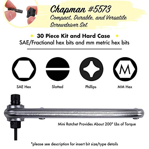 Chapman Mfg 5573 Deluxe Standard Screwdriver Set - 30 Pieces - Includes Phillips, Slotted, Sae & Metric Mm Hex Bits, Complete Set Offers 24 Usa Made Insert Bits, Mini Ratchet Hand Tool + Open Slots #TOP2