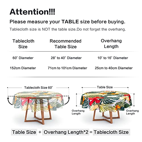 Tropical Round Tablecloth, Hawaiian Palm Tree Hibiscus Flowers Plants Tablecloths, Aloha/Luau Theme Party, Wipeable Waterproof Table Cloth For Family Dinners Patio Outdoor/Outside Events 60X60 Inch #TOP5