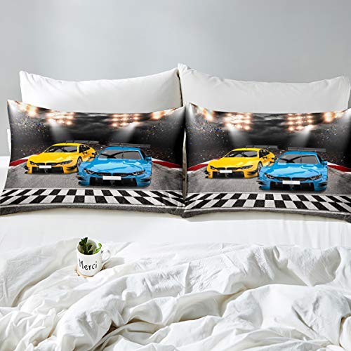Loussiesd Sports Car Bedding Set Extreme Sports Decor Bed Sheet Set for Kids Boys Yellow Blue Race Car Bed Sheets Cool Speed Competitive Racing Car Fitted Sheet Bedroom Collection 2Pcs Single Size - Image 3