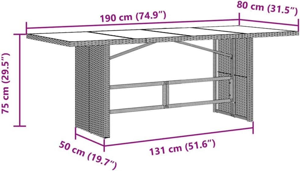 Garden Coffee Table Brown Poly Rattan with Tempered Glass Top and Powder-Coated Steel Frame, Rectangular 31.5 x 74.8 x 29.5 in, Outdoor Patio Furniture for 6, Stylish Durable Outdoor Table
