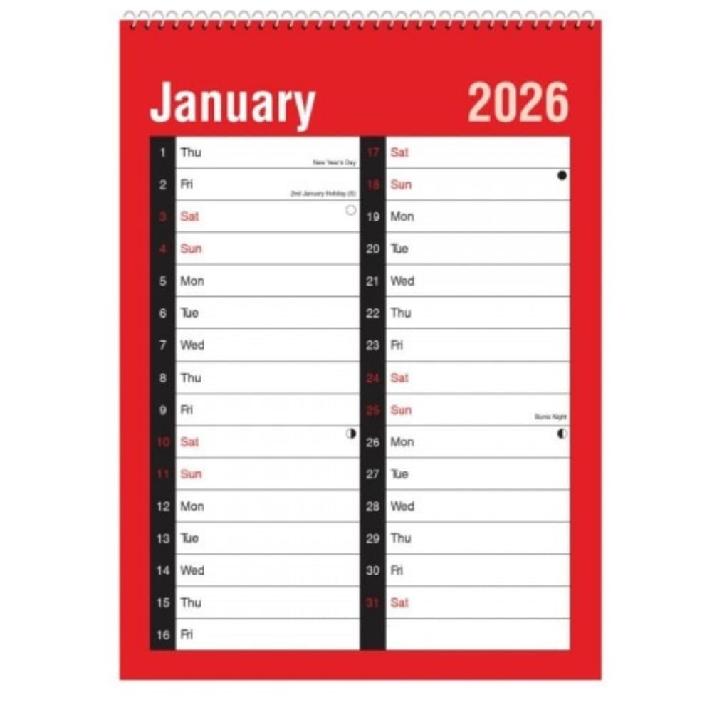 eMKay® 2026 A3 Easy View Month-to-View Wall Calendar – Red & Black Spiral-Bound Large 2 Column Planner – Oversized Hanging Organiser for Home Office School (42 x 30 cm Approx)