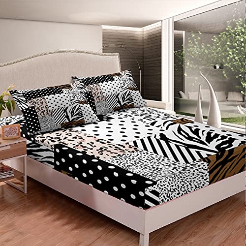 Animal Print Fitted Sheet Set Queen Zebra Giraffe Safari Bedding Sets Tiger Leopard Fitted Bed Sheets Jungle Cheetah Polka Dot Patchwork Bedding Decor Set Exotic Bedroom Decor For Men Women #TOP1