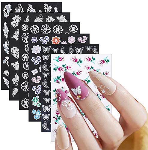 6 Sheets 5D Stereoscopic Embossed Flowers Butterfly Nail Stickers,Self-Adhesive Leaf Flower Nail Decals For Nail Art Acrylic Nail Supplies,DIY Nail Slide Accessories