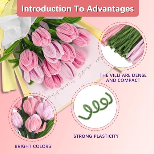 Image of Pipe Cleaners Craft Set, 300 Pieces, 3 Colors, Chenille Stems with Floral Wires, Gardening Tape, Stamen for DIY Flower Making (Pink)