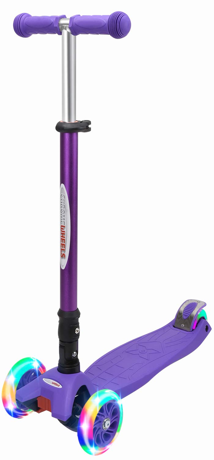 ChromeWheels Scooters for Kids, Deluxe Kick Scooter Foldable 4 Adjustable Height 132lbs Weight Limit 3 Wheel, Lean to Steer LED Light Up Wheels, Best Gifts for Girls Boys Age 3-12 Year Old