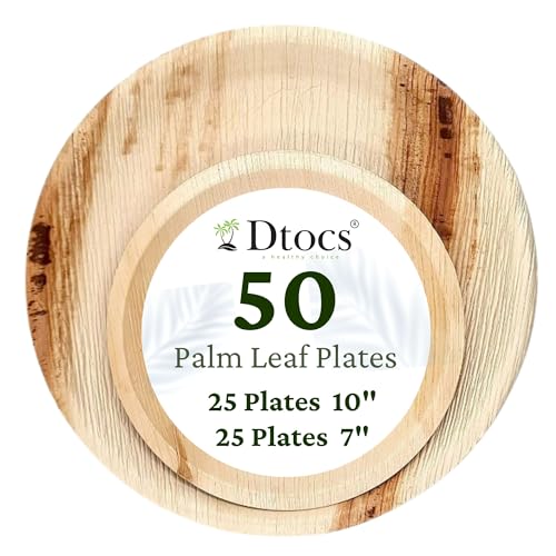 Disposable Palm Leaf Plates Set for Parties and Weddings (50-Pack) - 10 Inch Dinner Plates (25) and 7 Inch Dessert Plates (25)