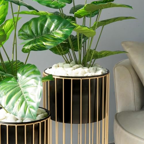 Image of Modern Metal Decorative Floor Standing White And Gold Indoor Outdoor Plant Stand With Pot For Home Decor Living Room Office Bedroom Balcony Set of 2 Flower Pots (Black)