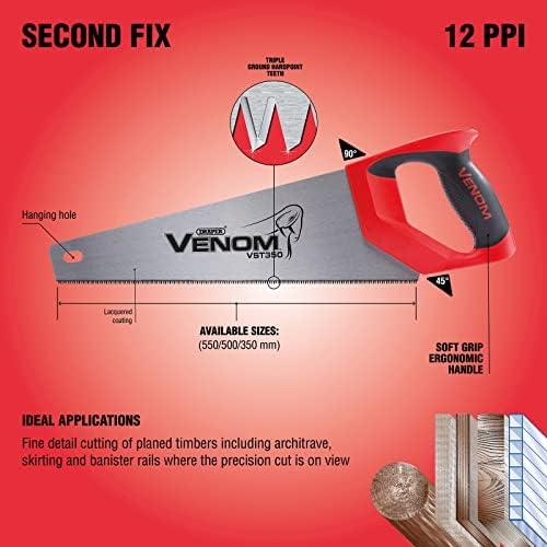 Draper 82202 Venom Second Fix Triple Ground 12PPI Handsaw, 500 mm Blade Length, Red