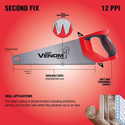 Draper Venom 12ppi/11tpi Tool Box Saw | Second Fix Double Ground Blade 350mm| DIY Tools Woodworking Handsaw | 80878 - Image 4
