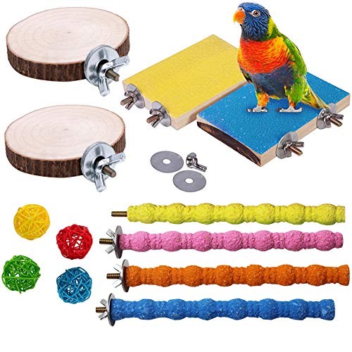 Image of Hamiledyi Bird Perch Stand, 12PCS Wood Parrot Perch Stand Platform, Paw Grinding Rough-surfaced Parakeet Cage Accessories Exercise Toy for Budgies Conure Cockatiel Hamster (Random Color)