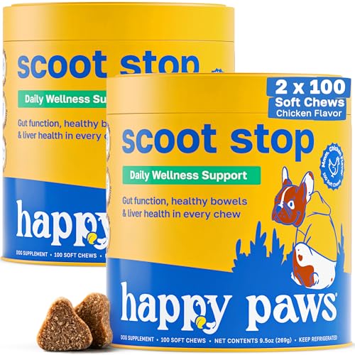 Image of Happy Paws Scoot Stop Dog Chews, Anal Gland Support for Dogs, Soft Chews with Coconut Oil, Pumpkin, Sweet Potato & Sea Kelp for Healthy Digestion, Organic, Non GMO, Vegan, Chicken Flavor, 200 Count