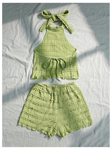 GORGLITTER 2 Piece Sets for Women Summer Crochet Textured Tie Back Crop Halter Tops and Shorts Set2