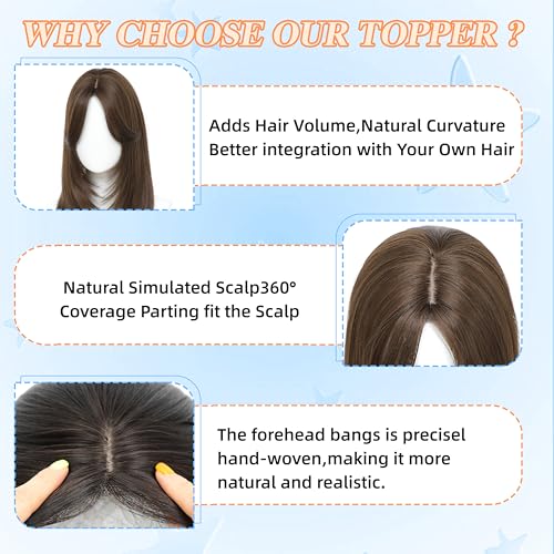 Image of Synthetic Hair Topper with Bangs 18 Inch Layered Toppers for Women with Thinning Hair 5.5 inch x 5 inch hand Tied Forehead Hairline 360 3D Cover Wispy Synthetic Toppers Hair for Women Fiber Wiglets