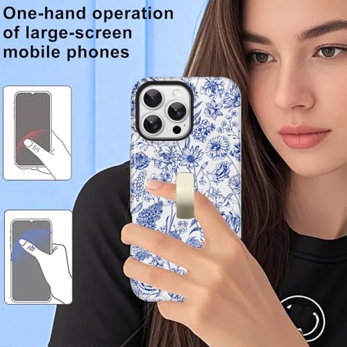 Image of Magnetic for iPhone 16 Pro Case with Finger Strap Kickstand [Compatible with Magsafe] Cute Flower Floral Pattern Design, Dual-Layer Shockproof Protective Cover for Women Men, Blue