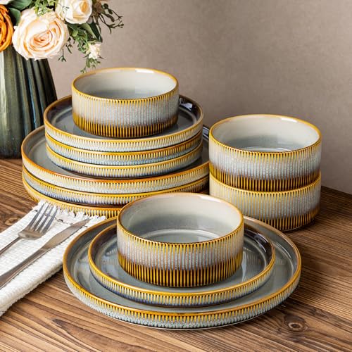Image of TheTerra Ceramic Dinnerware Sets for 4, 12 Pieces Porcelain Lightweight Plates and Bowls Sets, Scratch Resistant Dish Set, Oven & Microwave & Dishwasher Safe, Dusk Blue