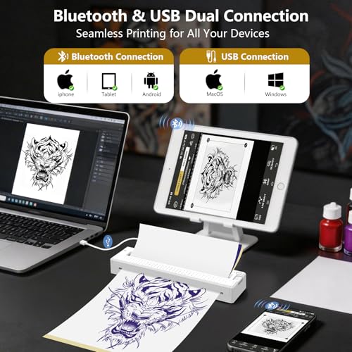 Image of Bagana Tattoo Stencil Printer, 2-in-1 Wireless Bluetooth Thermal Printer for Tattoo Stencils & Documents, Portable Temporary Tattoo Transfer Machine Kit for Tattoo Artist & Beginner, White
