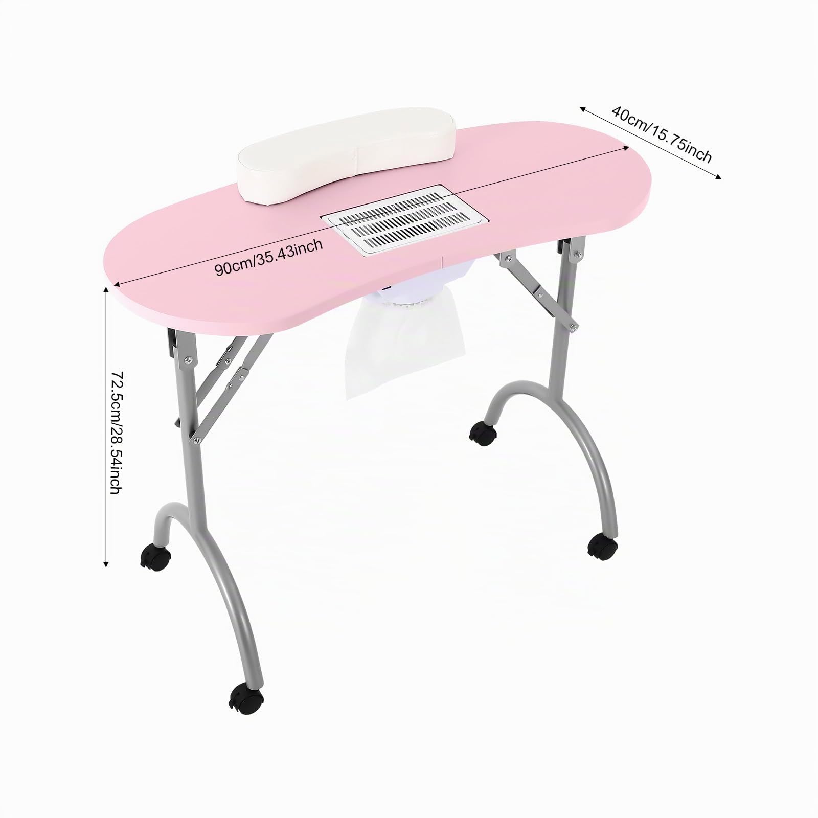 Table de manucure pliable portable avec roues universelles pour la maison, le salon de manucure, le salon de beauté, le bureau, rose avec ventouse et accessoires de nettoyage des ongles