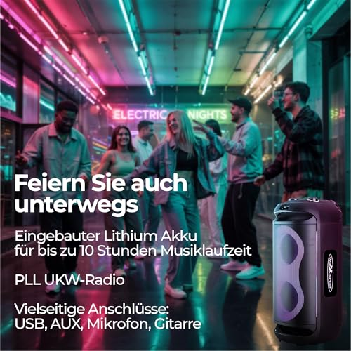 Reflexion PSX40BT Mobiler Buetooth Partylautsprecher, DJ, Karaoke, 500 Watt, FM PLL Stereo Radio, Discobeleuchtung mit Modi-Auswahl, inkl. Mikrofon, Lithium Akku
