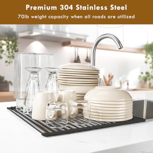 Image of HOMEZE Foldable Over The Sink Dish Drying Rack (45.5x46 cm) - Stainless Steel Roll-Up Kitchen Sink Drainer | Multipurpose Rack for Bartan, Dishes, Cups, Utensils, Fruits & Vegetables | Heat Resistant