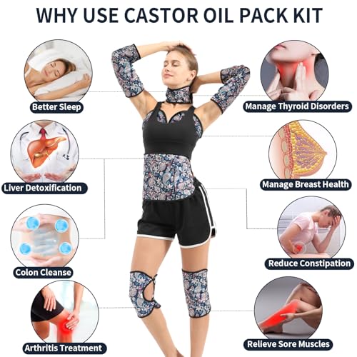 KANAV 8 Piece Castor Oil Pack Wrap Set, 100% Organic Cotton Lined Reusable Castor Oil Compress Packs for Liver Detox Insomnia Constipation and Inflammation, Organic Castor Oil Wrap for Womens Gifts