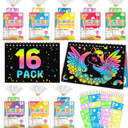 Kids Scratch Art Party Favors Gifts: 16 Pack Rainbow Scratch Notebook Paper Birthday Party Favor Toy Girls Boys Art Craft Kit Easter Classroom Goodie Bags Gift Bulk Easter Basket Stuffers
