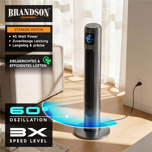 Brandson - Turmventilator mit Fernbedienung 96 cm - Preisträger 2026 - mobiler Lüfter leise - Standventilator mit Oszilation - 3 Geschwindigkeiten 3 Lüftungs-Modi Timer - Ventilator mit GS - Cool Grey 3