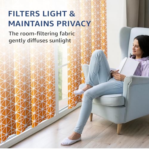 Image of Amazon Basics - Geometric Print Light Filtering Curtains | 100% Cotton 150 TC | Set of 2 | 5 Feet | 115 x 150 cm | Orange | Eyelets & Tiebacks | Ideal for Bedroom and Living Room