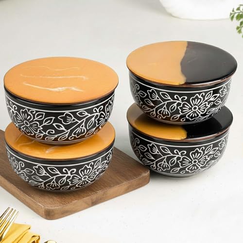 Image of The Earth Store Black Artvine Snack Bowl with Coasters /Lid Set for Kitchen | Dishwasher & Microwave Safe Serving Bowl for Snacks, Rice, Dal, Fruits, Salad | 500ML Set of 4