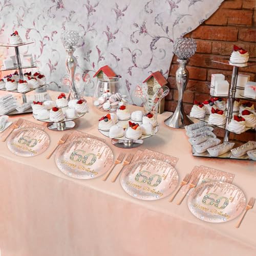 Image of ZOIIWA 96 Pieces 60th Birthday Party Tableware Set for Pink Rose Gold 60th Paper Table Decorations Supplies Pink Rose Gold Happy 60 Birthday Dessert Plates Napkins Forks for 24 Guests Women Supplies