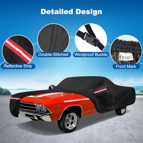 Image of QUNSUNUS Car Cover for Chevrolet El Camino 1968-1977 with Cotton Lining | Waterproof Outdoor All-Weather Heavy 420D Oxford El Camino Car Cover, with Zipper and Straps, for Dust, Sun, Wind Protection