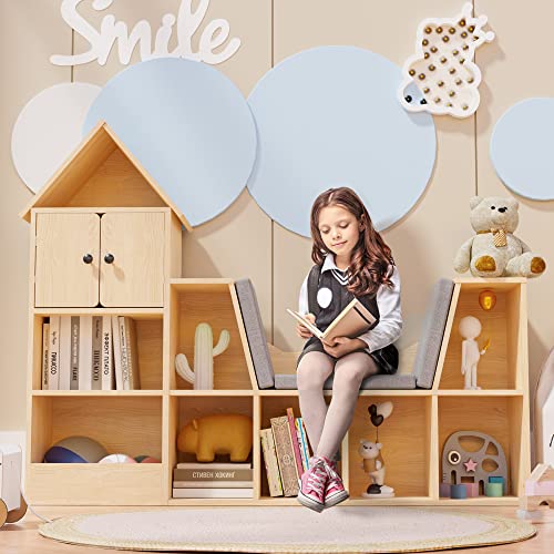 Image of Cozy Castle Wooden Kids Bookshelf with Reading Nook and Book Shelf Storage Organizer, Kids Bookcase with Detachable Cushions for Bedroom, Playroom, Gift for Ages 3+, Oak