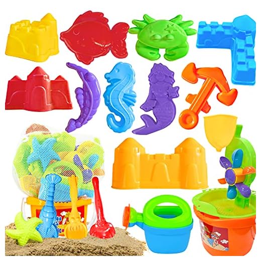 Scientoy Beach Toys, 19 Pcs Sand Toys Set, Summer Outdoor Sandbox Toys for Kids & Toddlers with Sand Water Wheel, Beach Shovel Tools, Beach Bucket, Sand Molds, Watering Can & Mesh Bag for Beach Party