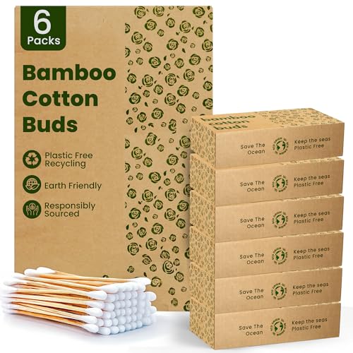 600 Bamboo Cotton Buds |100% Eco-Friendly Biodegradable | Cotton Wool Buds | Compostable Bamboo Earbuds | Recycled Plastic Free Packaging | Correct Makeup | Carbon Offsetting | 6x100 Ear Buds Cotton