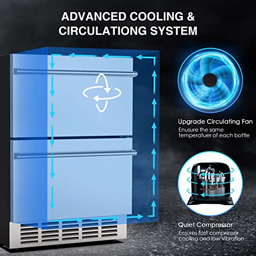 Image of Mojgar 24 inch Under Counter Beverage Refrigerator, Indoor /Outdoor Fridge with Double Drawer Storage, Quiet 38dB Compressor & Weather-Proof Stainless Steel - Beverage Fridge for Home, Patios, Restaurants
