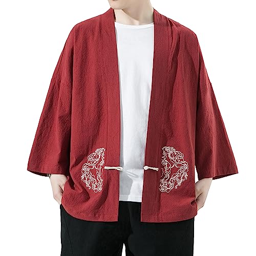 Image of Mens Kimono Cardigan Cotton Linen Japanese Shirt 3 /4 Sleeve Haori Yukata | Skin-Friendly Solid Color Lightweight Shawl Collar Kimono Robe Embroidery Button Tie Pockets Happi Coat All Season Daily Wear