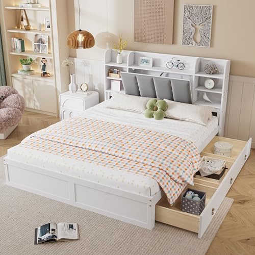 Cama doble, estantería abierta, tres cajones con ruedas, asas de metal, compartimento de almacenamiento con puerta abatible, marco de pino, adolescentes y adultos, pino+MDF+terciopelo, blanco y gris,