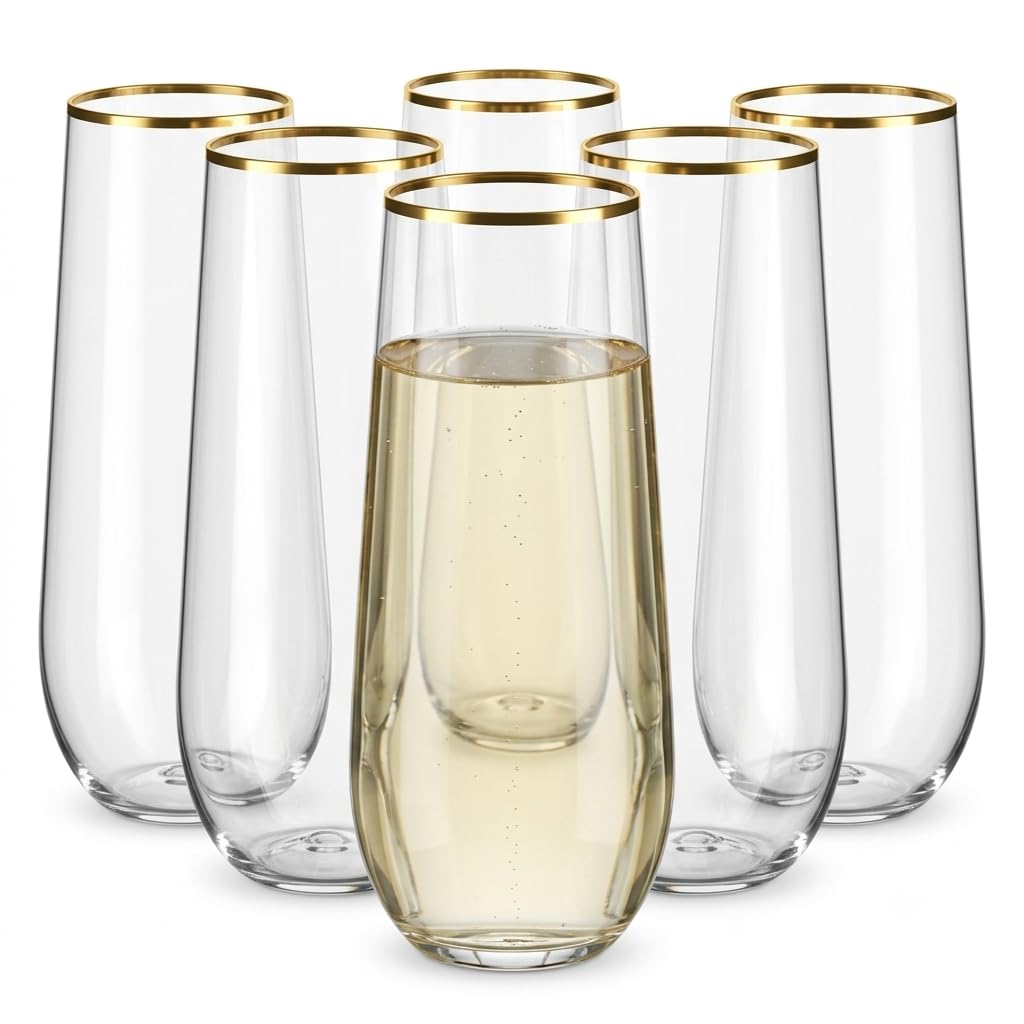 Coupe Dynasty Clear Plastic Stemless Champagne Flute with Gold Rim by Glownary – Small, 13.43 pounds, Plastic, White, Pack of 64