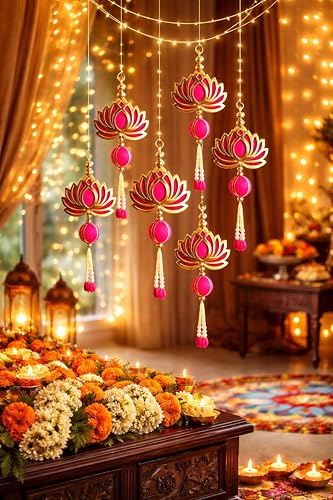 Image of Handcrafted Decorative Wall Decor Hanging Ornament for Ganpati Diwali Navratri and Pooja Setup Ethnic Hanging for Home Entrance and Mandir Temple Decor Set of 6 Lotus MDF Wood with Beads and Pearls