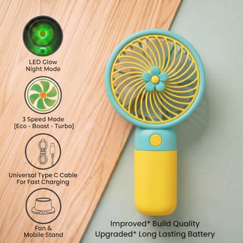 Image of Portable Mini Hand Fan| LED Glow| 3 Speed Mode| Type-C Fast Charging| Mobile Stand| Mini Fan| Travel, Home, Kids & Office Use (Pack Of 3 (Any 3 Color Set))
