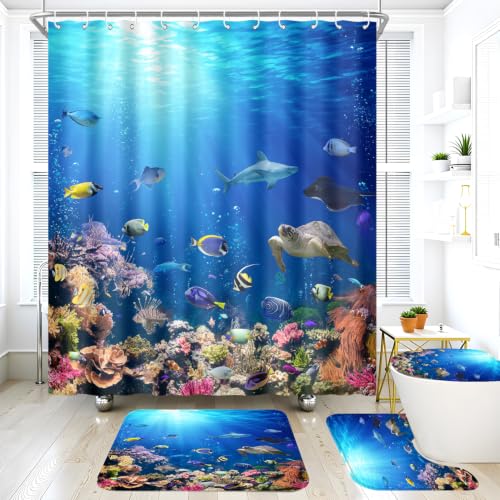ZXMBF 4Pcs Ocean Underwater World Shower Curtain Set with Rugs,Toilet Lid Cover and Bath Mat,Colorful Tropical Fishes Turtle Coral in The Deep Sea Bathroom Décor with Hooks