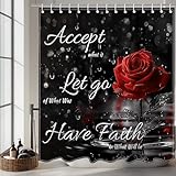 Mocsicka Rose Shower Curtain for Valentines Day Bath Decorations Romantic Floral Valentines Day Shower Curtain for Girls Black and Red Bath Curtain Waterproof Fabric, 72''X 72''