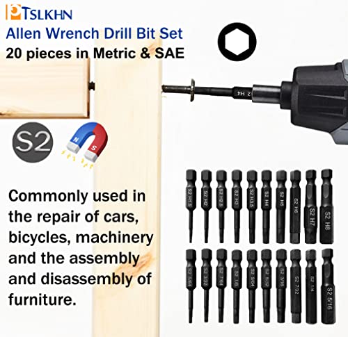 Hex Head Allen Wrench Drill Bit Set (10Pc Metric & 10Pc Sae), Ptslkhn Allen Wrench Drill Bits, Upgraded 1/4" Quick Release Shank Magnetic Hex Bit Set - Perfect For Ikea Type Furniture #TOP6
