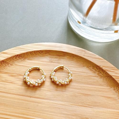 Small Pearl Hoop Earrings for Women, Twisted Huggie Hoop Earrings with Tiny Pearls Chain Link Earing Hypoallergenic Jewelry 16mm2