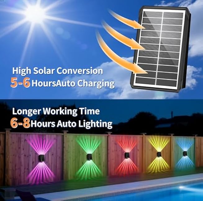 Solar Wall Lights, Up and Down Lighting Outdoor Light Waterproof IP65, Solar Fence Light for Yard Garden Garage Pools Deck (2LED-Multi-Colored, 4PACK)