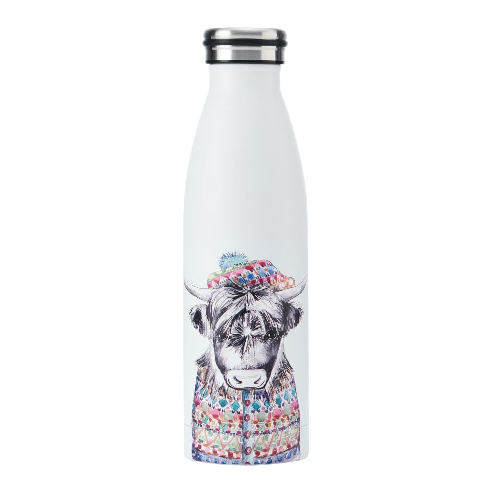 MIKASA Tipperleyhill Double-Walled Stainless Steel Bottle, 500ml Vacuum-Insulated Drinks Bottle Keeps Drinks Cold and Hot, BPA-Free Stainless Steel Hydration Bottle with Highland Cow Print