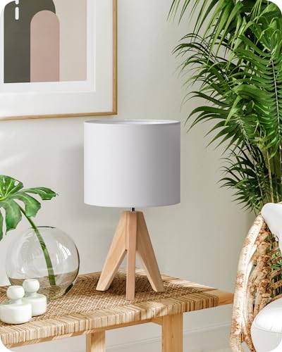 EDISHINE Lámpara de Noche de Madera, Lámpara de Mesa con Trípode Casquillo E27, Pantalla de Lino Blanco Vintage para Dormitorio, Sala de Estar, Regalo