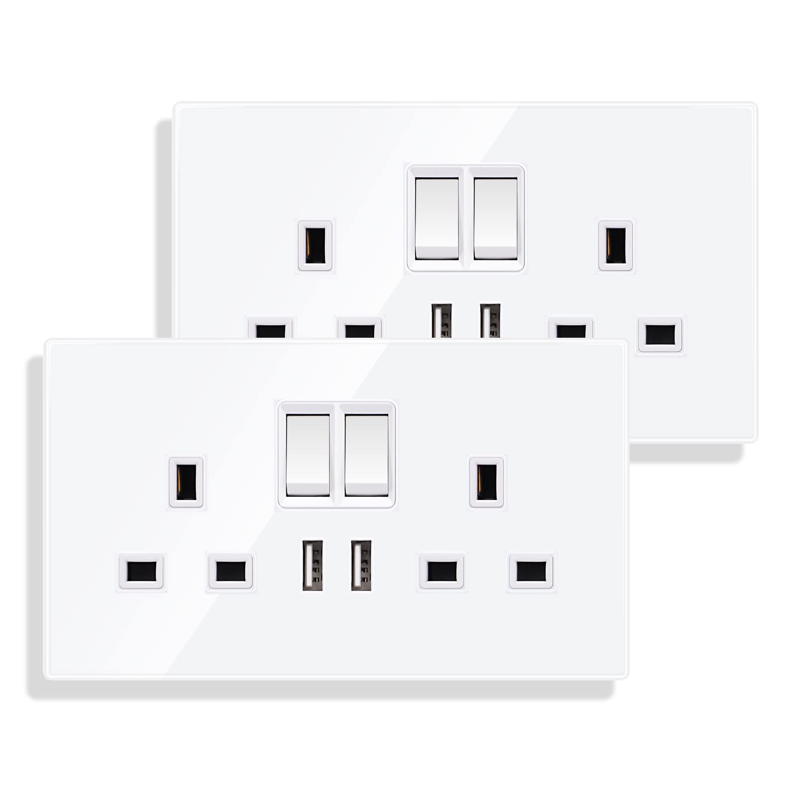 2 Pack Double Switched Socket 13 Amp with 2 USB Charging Ports Crystal White Glass Panel Wall Outlet Electric Power Socket