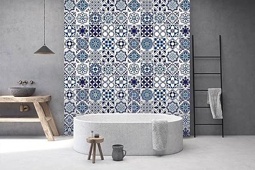 Image of FOKRIM Marble Wallpaper Sticker Blue Floral 60x200cm Peel and Stick, Removable, Self-Adhesive, Waterproof, Decorative Wallpaper for Home, Kitchen, Bedroom, Office