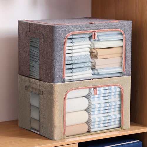 HEKOBAG 2 Pack Large Capacity Clothes Storage Bag Organizer with Handle - Storage Bins with Metal Frame - Stackable & Foldable - with Zipper & Clear Window for Bedroom, Closet, Bedding, Linens - 24L